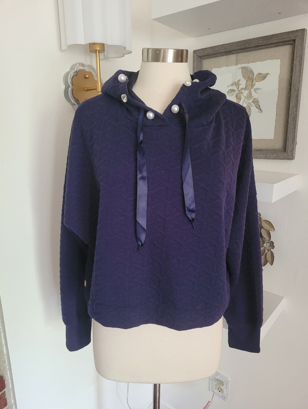 Simply Southern Navy Quilted Hoodie with Satin Ties and Pearl Rhinestone Accents